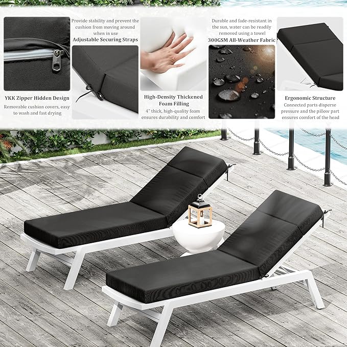 Chaise Lounge Cushion for Outdoor Furniture, Waterproof Fade and Tear Resistant Lounge Deck Chair Cushions for Patio Lawn Pool Resort Hotel