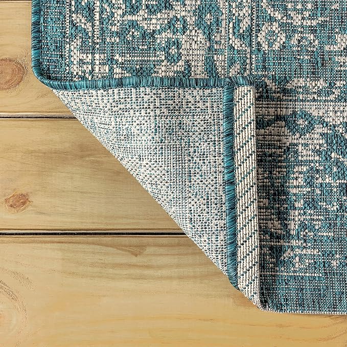 JONATHAN Y Weave Floral Indoor Outdoor Round Area Rug 4 Ft Teal/Gray, Tela Bohemian Textured for Backyard, Patio, Porch, Easy-Cleaning, High Traffic, Pet-Friendly, Non-Shedding (SMB100C-4R)