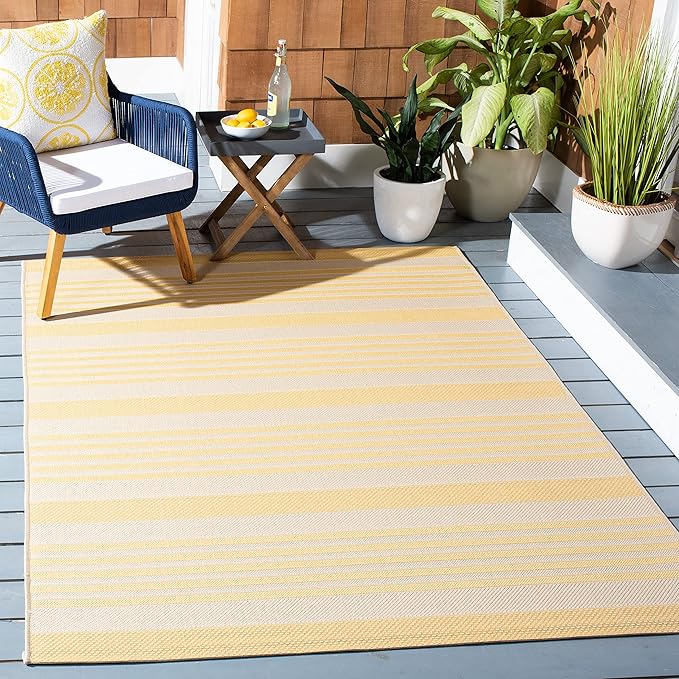 SAFAVIEH Courtyard Collection 4' x 5'7" Gold/Beige CY6062 Stripe Indoor/ Outside Waterproof Easy cleansingPatio Backyard Mudroom Area Mat