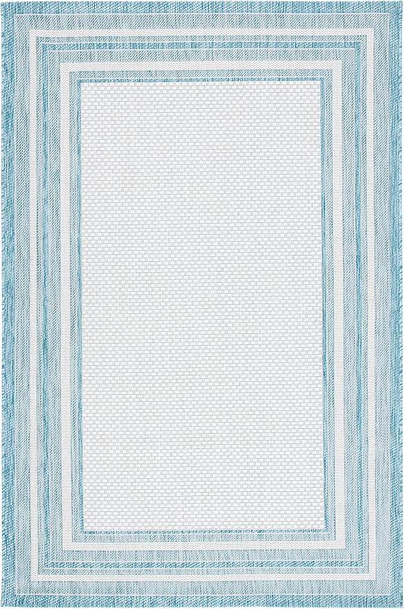 SAFAVIEH Washable Rug Outdoor Courtyard Collection - 6'7" x 9'6", Ivory & Aqua Blue, Non-Shedding & Easy Cleaning, Ideal for Patio, Backyard, Mudroom (CY8475-53612)