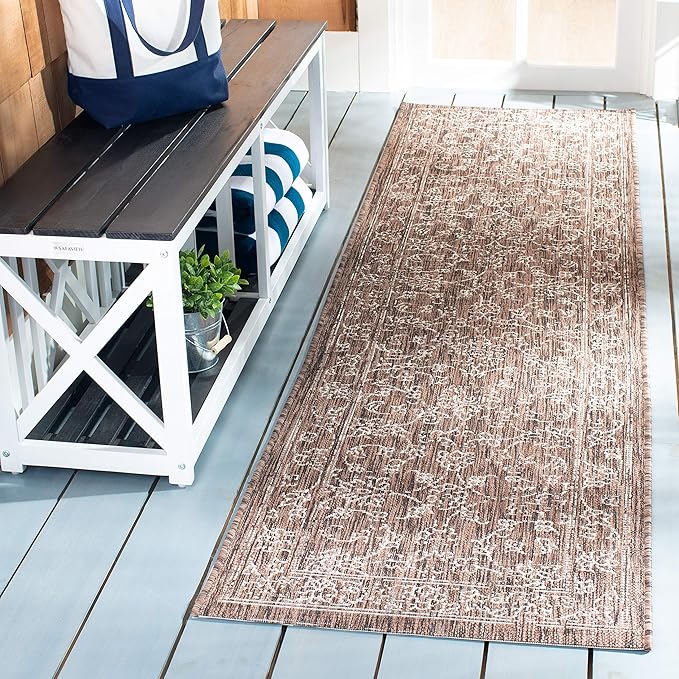 SAFAVIEH Washable Rug Outdoor Courtyard Collection - 2'3" x 10' Runner, Brown & Ivory, Non-Shedding & Easy Cleaning, Ideal for Patio, Entryway, Mudroom, Hallway, Kitchen (CY8680-36321)