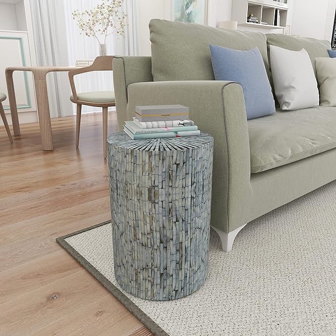 Deco 79 Mother of Pearl Shell Handmade Side End Accent Table Mosaic End Table, Side Table 14" x 14" x 20", Light Blue