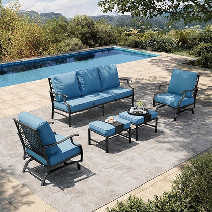 HERA'S HOUSE 5 Pieces Patio Furniture Set, 2 x Rocking Chair, 2 x Ottoman, 1 x 3-Seat Sofa, All Cushioned 7 Seats Metal Outdoor Conversation Set for Lawn Garden Backyard