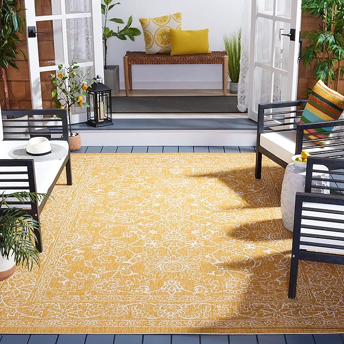 SAFAVIEH Courtyard Collection 6'7" x 9'6" Gold/Ivory CY8680 Indoor/ Outside Waterproof Easy cleansingPatio Backyard Mudroom Area Mat