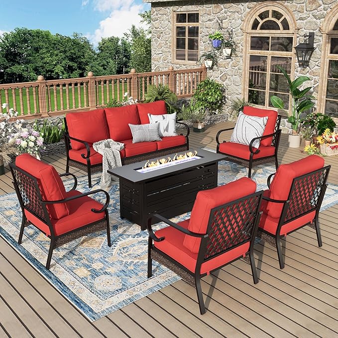 Patio Furniture Set with Firepit Table, Black Frame Outdoor Conversation Set with 4 x Fixed Chairs, 1 x 3-Seat Sofa for Lawn Garden Backyard, Red