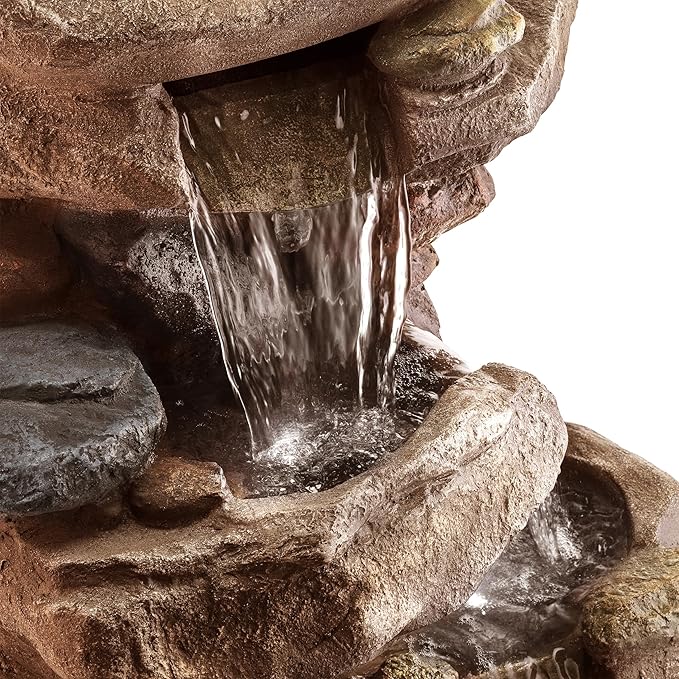 Alpine Corporation WIN315 40" Floor Fountain – Tiered Brown Rock Water Feature with Color-Changing LED & Remote – Cascading Streams for a Tranquil Garden, Patio, Yard, Deck, or Porch, Light Brown