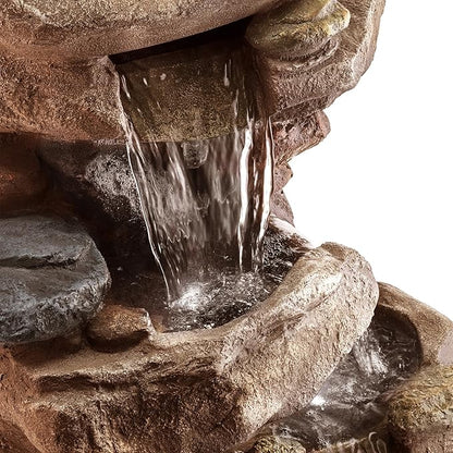 Alpine Corporation WIN315 40" Floor Fountain – Tiered Brown Rock Water Feature with Color-Changing LED & Remote – Cascading Streams for a Tranquil Garden, Patio, Yard, Deck, or Porch, Light Brown