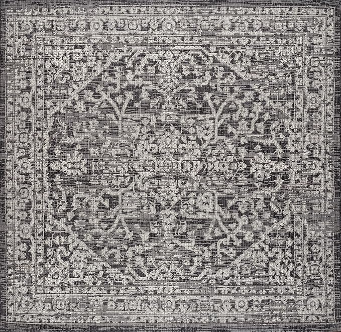 JONATHAN Y Boho Medallion Indoor Outdoor Square Area Rug 6X6 Black/Gray, Malta Textured Weave for Backyard, Patio, Porch, Easy-Cleaning, High Traffic, Pet-Friendly, Non-Shedding (SMB104C-6SQ)