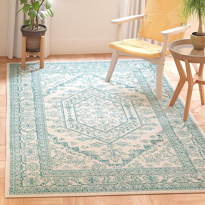 SAFAVIEH Adirondack Collection Accent Rug - 4' x 6', Ivory & Teal, Oriental Medallion Design, Non-Shedding & Easy Care, Ideal for High Traffic Areas in Entryway, Living Room, Bedroom (ADR108G)