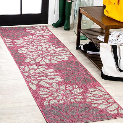 JONATHAN Y Floral Textured Weave Indoor Outdoor Runner Rug 2X10 Fuchsia/Light Gray, Zinnia Modern for Backyard, Patio, Porch, Easy-Cleaning, High Traffic, Pet-Friendly, Non-Shedding (SMB110F-210)