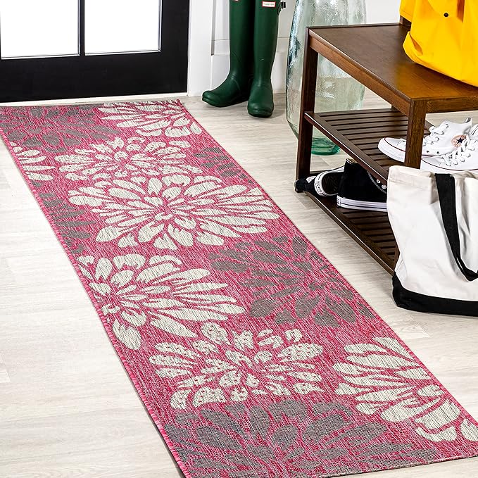 JONATHAN Y Floral Textured Weave Indoor Outdoor Runner Rug 2X8 Fuchsia/Light Gray, Zinnia Modern for Backyard, Patio, Porch, Easy-Cleaning, High Traffic, Pet-Friendly, Non-Shedding (SMB110F-28)