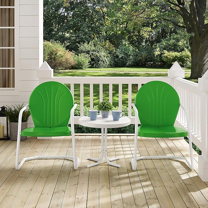 Crosley Furniture Griffith 3-Piece Outdoor Chair and Side Table Set, Retro Metal Bistro Patio Sets for Porch, Grasshopper Green