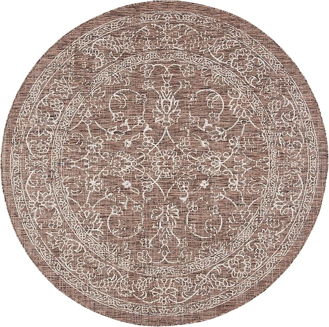 SAFAVIEH Washable Rug Outdoor Courtyard Collection - 5'3" Round, Brown & Ivory, Non-Shedding & Easy Cleaning, Ideal for Patio, Backyard, Mudroom (CY8680-36321)