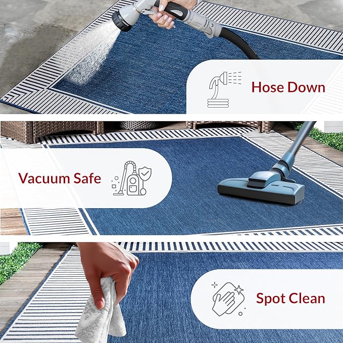 nuLOOM 8' Square Outdoor Area Rug, Casual Design with Striped Border, Stain Resistant, Highly Durable, for Patio, Balcony, Bedroom, Living Room, Dining Room, Bathroom, Navy