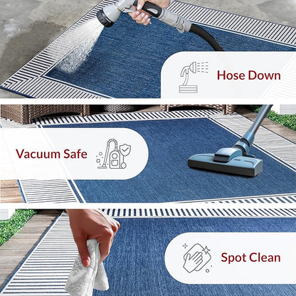 nuLOOM 8' Square Outdoor Area Rug, Casual Design with Striped Border, Stain Resistant, Highly Durable, for Patio, Balcony, Bedroom, Living Room, Dining Room, Bathroom, Navy