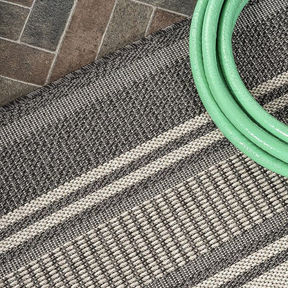 JONATHAN Y Double Stripe Indoor Outdoor Runner Rug 2X8 Black/Cream, Haynes Modern for Backyard, Patio, Porch, Easy-Cleaning, High Traffic, Pet-Friendly, Non-Shedding (SMB202B-28)