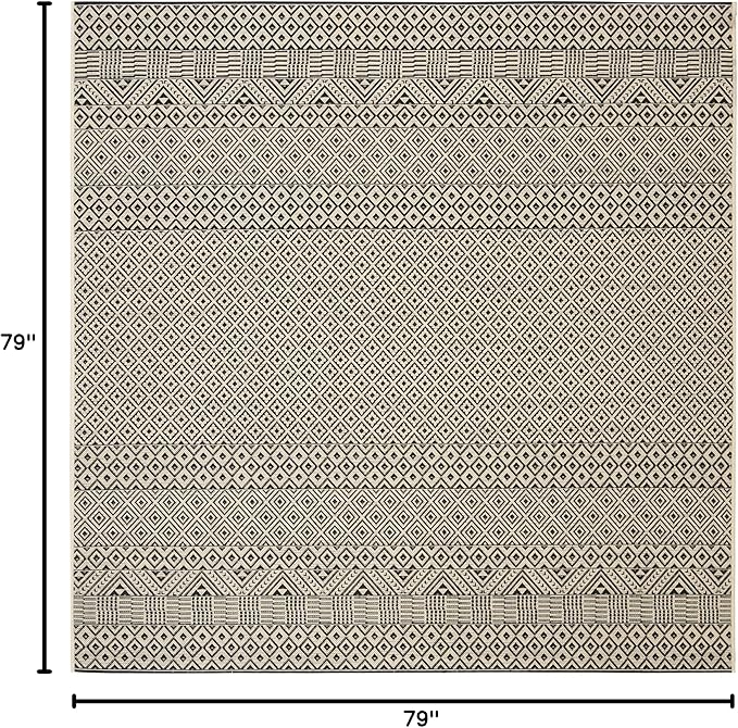 SAFAVIEH Washable Rug Outdoor Courtyard Collection - 6'7" Square, Beige & Black, Non-Shedding & Easy Cleaning, Ideal for Patio, Backyard, Mudroom (CY6235-25612)