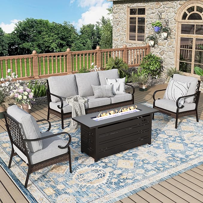 Patio Furniture Set with Firepit Table, Black Frame Outdoor Conversation Set with 2 x Fixed Chairs, 1 x 3-Seat Sofa for Lawn Garden Backyard, Light Grey