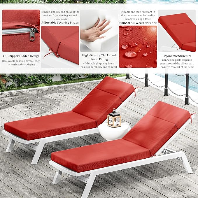Chaise Lounge Cushion for Outdoor Furniture, Waterproof Fade and Tear Resistant Lounge Deck Chair Cushions for Patio Lawn Pool Resort Hotel