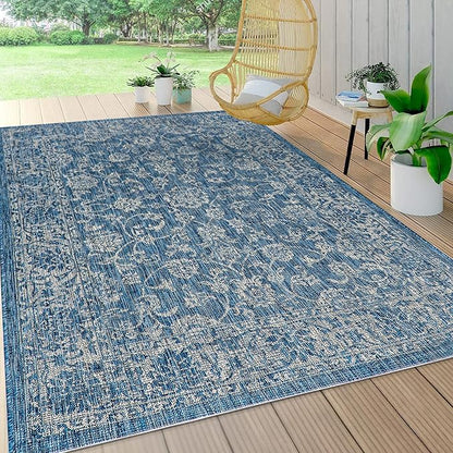 JONATHAN Y Weave Floral Indoor Outdoor Area Rug 6X9 Navy/Gray, Tela Bohemian Textured for Backyard, Patio, Porch, Easy-Cleaning, High Traffic, Pet-Friendly, Non-Shedding (SMB100B-6)