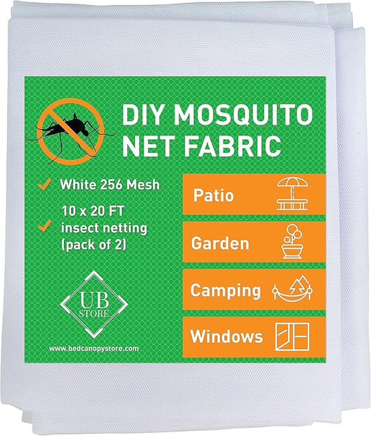 White DIY Mosquito Net Fabric | 10x20 FT Netting 2 Pack | Insect Cover for Garden, Patio, Outdoor & Windows | Multiple Sizes in Black, White & Green | Raised Bed Screen Mesh Barrier