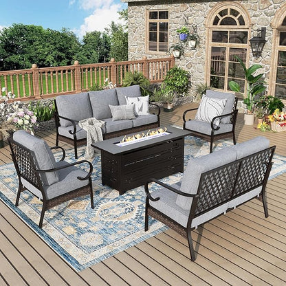 Patio Furniture Set with Firepit Table, Black Frame Outdoor Conversation Set with 2 x Fixed Chairs, 1 x 2-Seat Sofa, 1 x 3-Seat Sofa for Lawn Garden Backyard, Grey