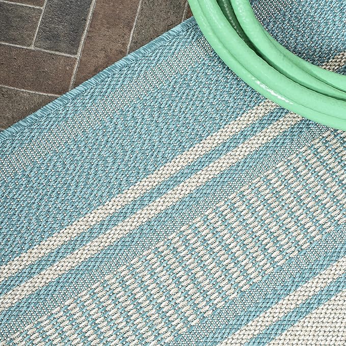 JONATHAN Y Double Stripe Indoor Outdoor Runner Rug 2X8 Aqua/Beige, Haynes Modern for Backyard, Patio, Porch, Easy-Cleaning, High Traffic, Pet-Friendly, Non-Shedding (SMB202A-28)