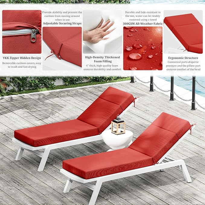 Chaise Lounge Cushion for Outdoor Furniture, Waterproof Fade and Tear Resistant Lounge Deck Chair Cushions for Patio Lawn Pool Resort Hotel
