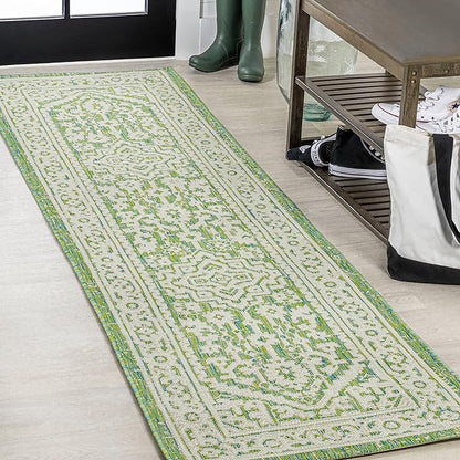 JONATHAN Y Medallion Weave Indoor Outdoor Runner Rug 2X8 Cream/Green, Sinjuri Textured for Backyard, Patio, Porch, Easy-Cleaning, High Traffic, Pet-Friendly, Non-Shedding (SMB101H-28)