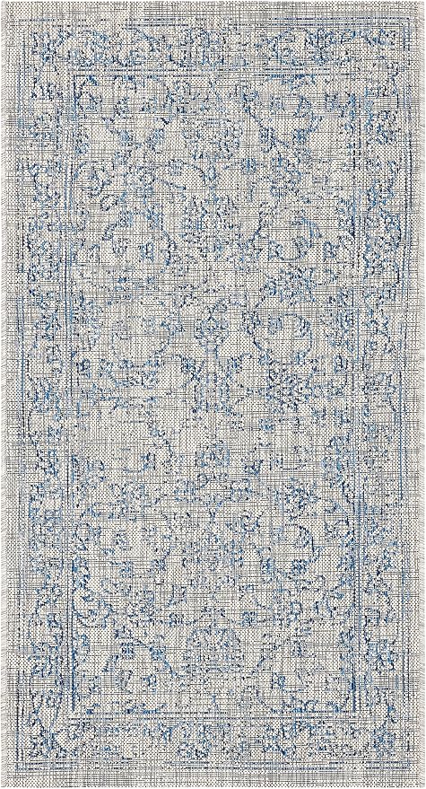 SAFAVIEH Washable Rug Outdoor Courtyard Collection - 2'7" x 5', Grey & Navy, Non-Shedding & Easy Cleaning, Ideal for Patio, Backyard, Mudroom (CY8680-36812)