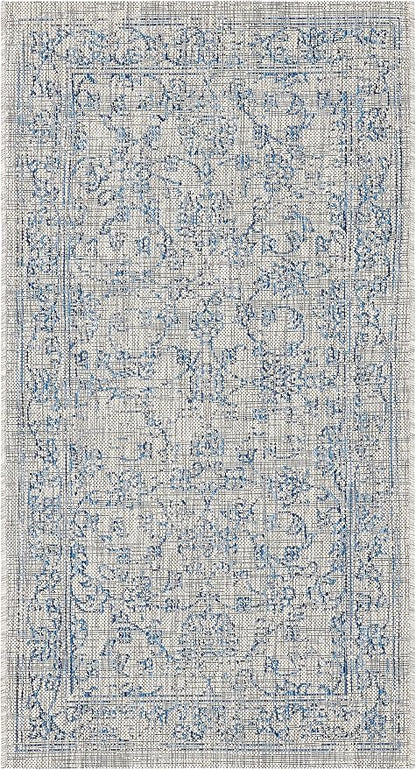 SAFAVIEH Washable Rug Outdoor Courtyard Collection - 2'7" x 5', Grey & Navy, Non-Shedding & Easy Cleaning, Ideal for Patio, Backyard, Mudroom (CY8680-36812)