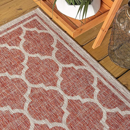 JONATHAN Y Moroccan Trellis Indoor Outdoor Round Area Rug 5 Ft Red/Beige, Trebol Textured Weave for Backyard, Patio, Porch, Easy-Cleaning, High Traffic, Pet-Friendly, Non-Shedding (SMB109C-5R)