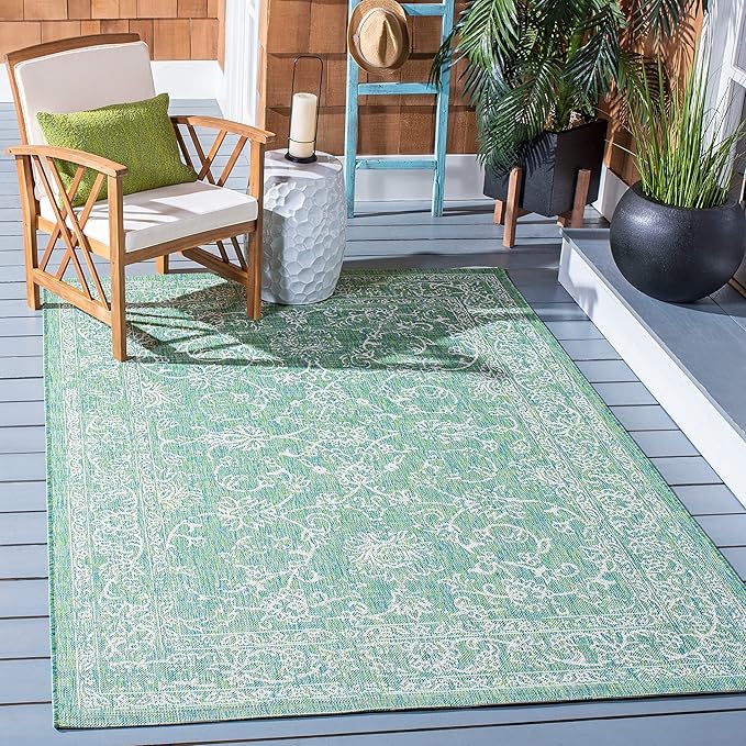 SAFAVIEH Washable Rug Outdoor Courtyard Collection - 4' Square, Green & Ivory, Non-Shedding & Easy Cleaning, Ideal for Patio, Backyard, Mudroom (CY8680-55721)