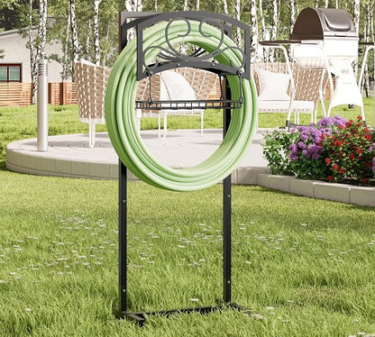 Kingson Freestanding Garden Hose Holder with Storage Basket - Heavy-Duty Black Powder-Coated Steel, Holds 150FT Hose, Detachable & Portable Design with Assembly Tools, Ideal for Outdoor Use