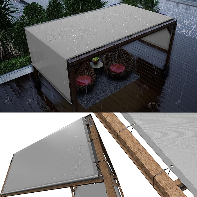 ColourTree 8' x 16' Waterproof Grey Pergola Sun Shade Canopy Replacement Cover UPF50, Commercial Grade 260 GSM Cloth for Outdoor Patio, Include Stainless Steel Weighted Rods (We Make Custom Size)