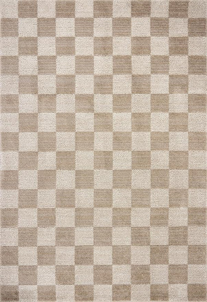 Loloi Chris Loves Julia Calvin Collection CLV-01 Pebble/Ivory 2'-7" x 7'-6" Runner Rug Checkered Neutral Soft Living Room Bedroom Carpet