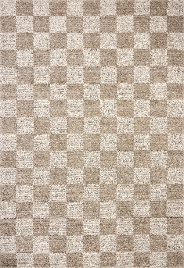 Loloi Chris Loves Julia Calvin Collection CLV-01 Pebble/Ivory 2'-3" x 3'-10" Accent Rug Checkered Neutral Soft Living Room Bedroom Carpet