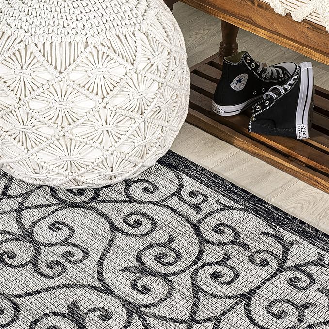 JONATHAN Y Vintage Filigree Indoor Outdoor Runner Rug 2X8 Light Gray/Black, Madrid Textured Weave for Backyard, Patio, Porch, Easy-Cleaning, High Traffic, Pet-Friendly, Non-Shedding (SMB107E-28)