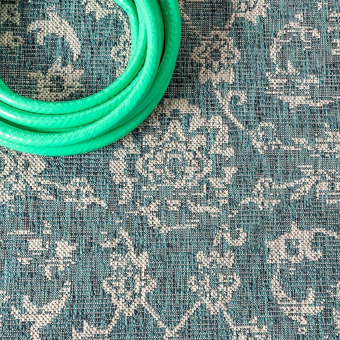 JONATHAN Y Weave Floral Indoor Outdoor Square Area Rug 5X5 Teal/Gray, Tela Bohemian Textured for Backyard, Patio, Porch, Easy-Cleaning, High Traffic, Pet-Friendly, Non-Shedding (SMB100C-5SQ)