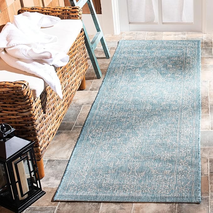 SAFAVIEH Courtyard Collection 2'3" x 16' Aqua/Grey CY8680 Indoor/ Outside Waterproof Easy cleansingPatio Backyard Mudroom Runner Mat