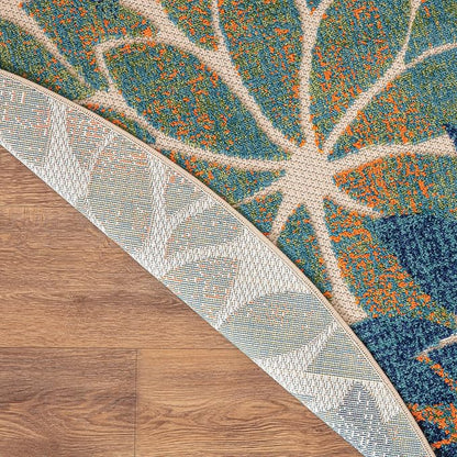 Nourison Home Aloha Tropical Blue Green 5'3" x Round Area -rug, Easy -cleaning, Non Shedding, Bed Room, Living Room, Dining Room, Kitchen (5 Round)