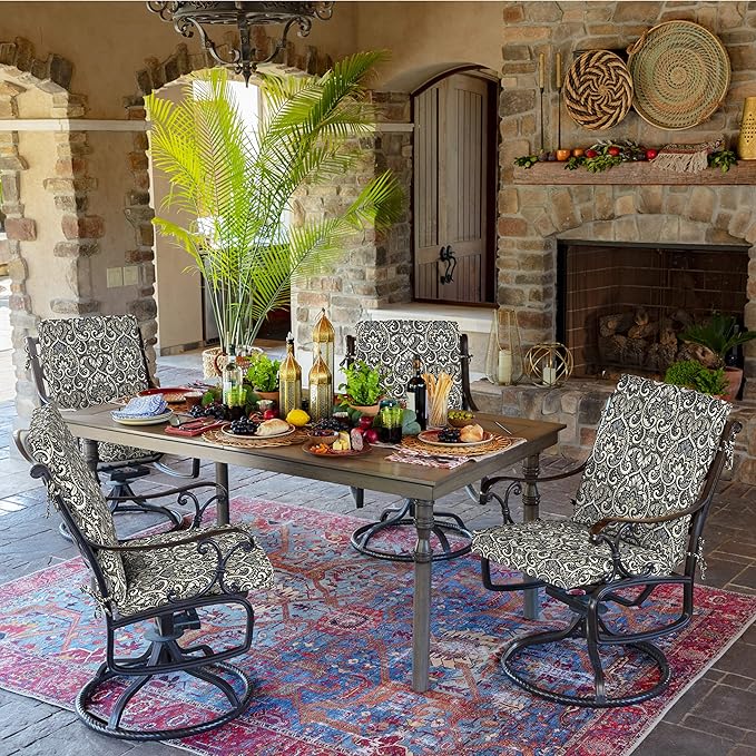 Arden 2-Pack Outdoor Patio Dining Chair Cushion, 20x44, Rain-Proof Seat Pad, Fade-Resistant Outdoor Cushion Black Aurora Damask