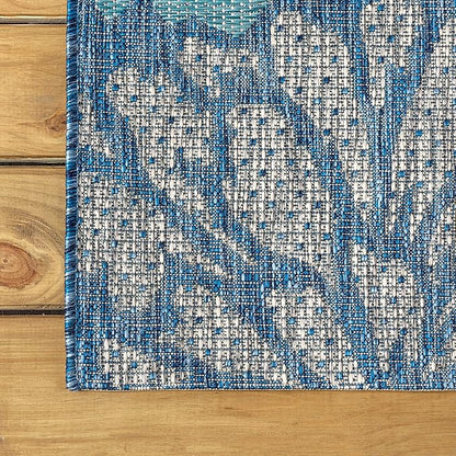 JONATHAN Y Floral Textured Weave Indoor Outdoor Area Rug 5X8 Navy/Aqua, Zinnia Modern for Backyard, Patio, Porch, Easy-Cleaning, High Traffic, Pet-Friendly, Non-Shedding (SMB110C-5)
