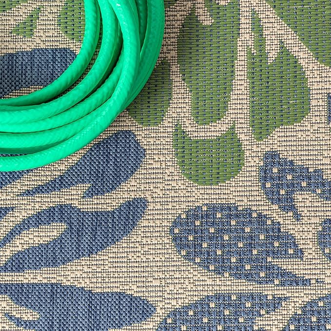 JONATHAN Y Floral Textured Weave Indoor Outdoor Square Area Rug 8X8 Navy/Green, Zinnia Modern for Backyard, Patio, Porch, Easy-Cleaning, High Traffic, Pet-Friendly, Non-Shedding (SMB110B-8SQ)