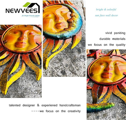 Sun Face Metal Wall Art Décor Outdoor Indoor, Sun Moon Star, Metal Glass Hanging for Garden Sun Face Sculptures & Statues Statues Wall Art for Farmhouse, Patio, Garden Decoration(3 Pack)