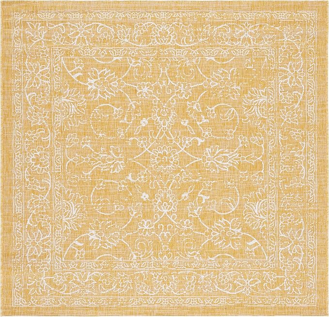 SAFAVIEH Washable Rug Outdoor Courtyard Collection - 6'7" Square, Gold & Ivory, Non-Shedding & Easy Cleaning, Ideal for Patio, Backyard, Mudroom (CY8680-56021)