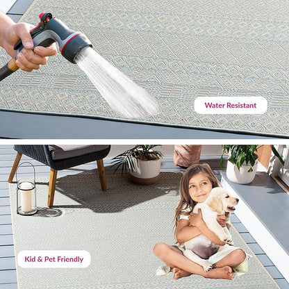 SAFAVIEH Washable Rug Outdoor Courtyard Collection - 5'3" x 7'7", Beige & Aqua Blue, Non-Shedding & Easy Cleaning, Ideal for Patio, Backyard, Mudroom (CY6235-21312)