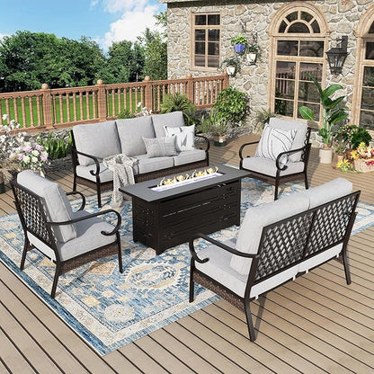 Patio Furniture Set with Firepit Table, Black Frame Outdoor Conversation Set with 2 x Fixed Chairs, 1 x 2-Seat Sofa, 1 x 3-Seat Sofa for Lawn Garden Backyard, Light Grey