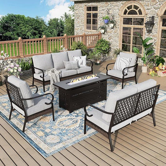 Patio Furniture Set with Firepit Table, Black Frame Outdoor Conversation Set with 2 x Fixed Chairs, 1 x 2-Seat Sofa, 1 x 3-Seat Sofa for Lawn Garden Backyard, Light Grey