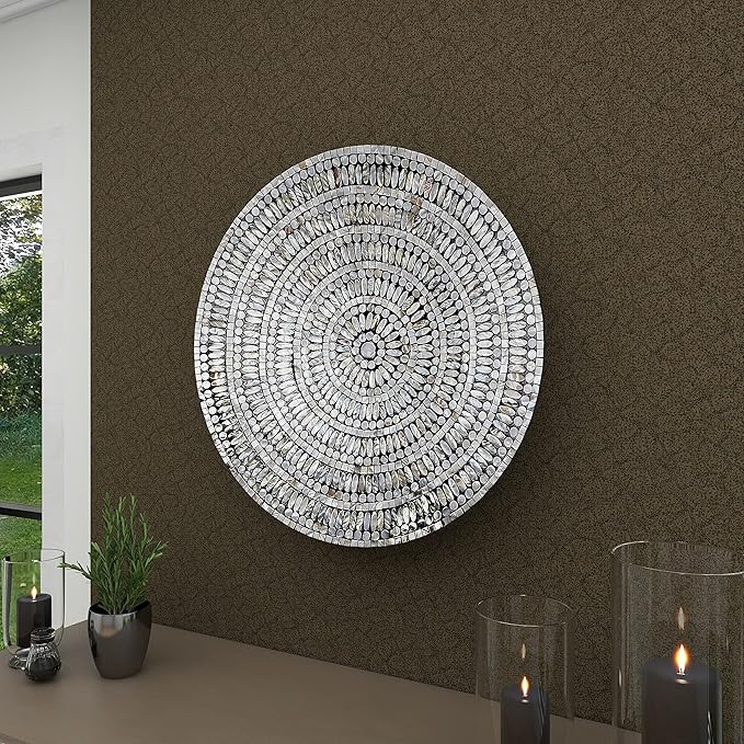 Deco 79 Mother of Pearl Shell Plate Handmade Home Wall Decor Mosaic Wall Sculpture, Wall Art 27" x 3" x 27", Silver